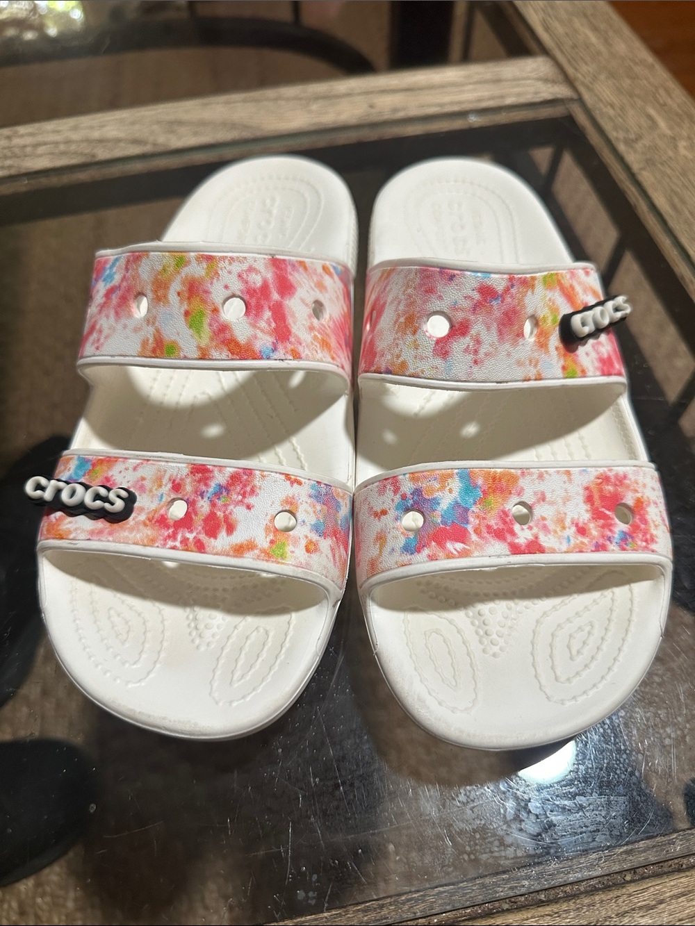 CROCS White Slide Sandals with Multicolor Floral Straps